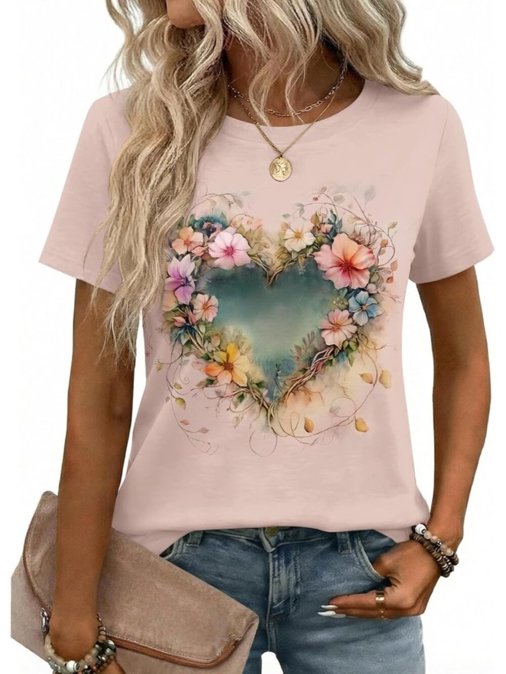 Women's Heart Beige Short Sleeve Crew Neck Casual Basic Imported Tee Shirts